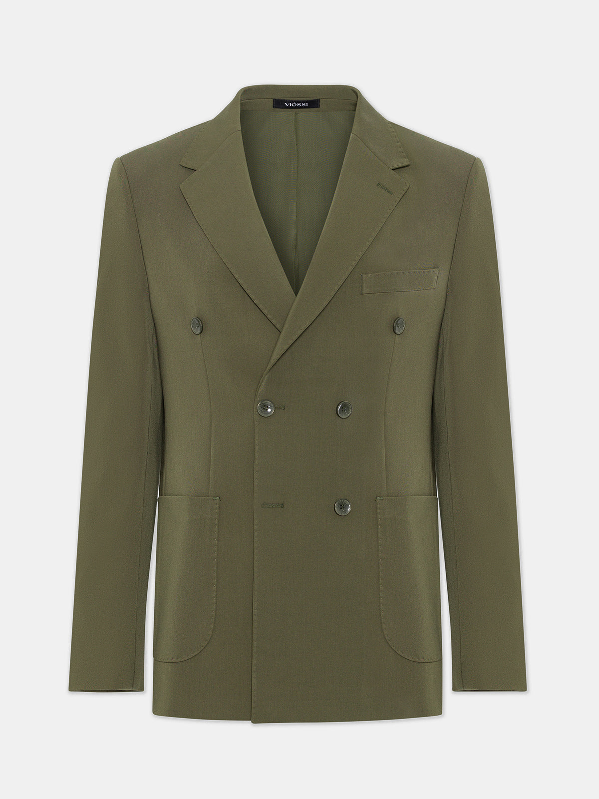 VIOSSI London Khaki double breasted blazer front view - men double breasted blazer in olive green tone