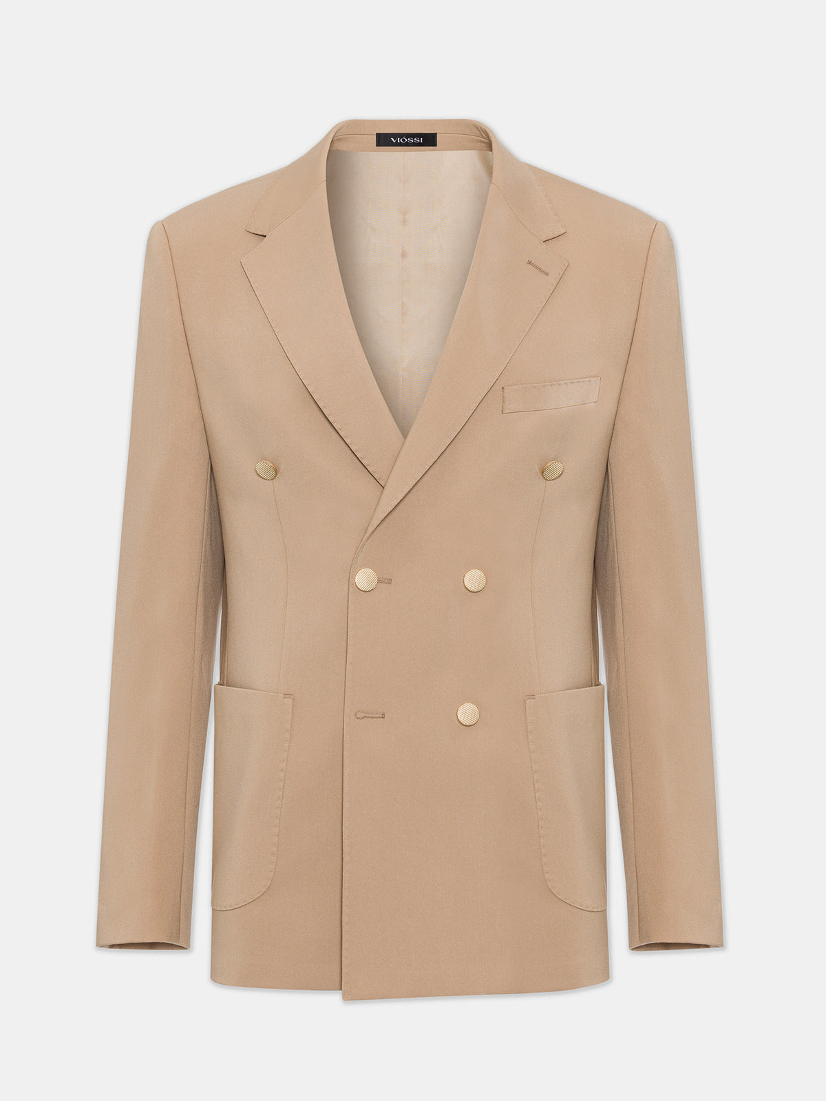VIOSSI London Camel Double Breasted Blazer front view - men double breasted blazer in warm tan camel color