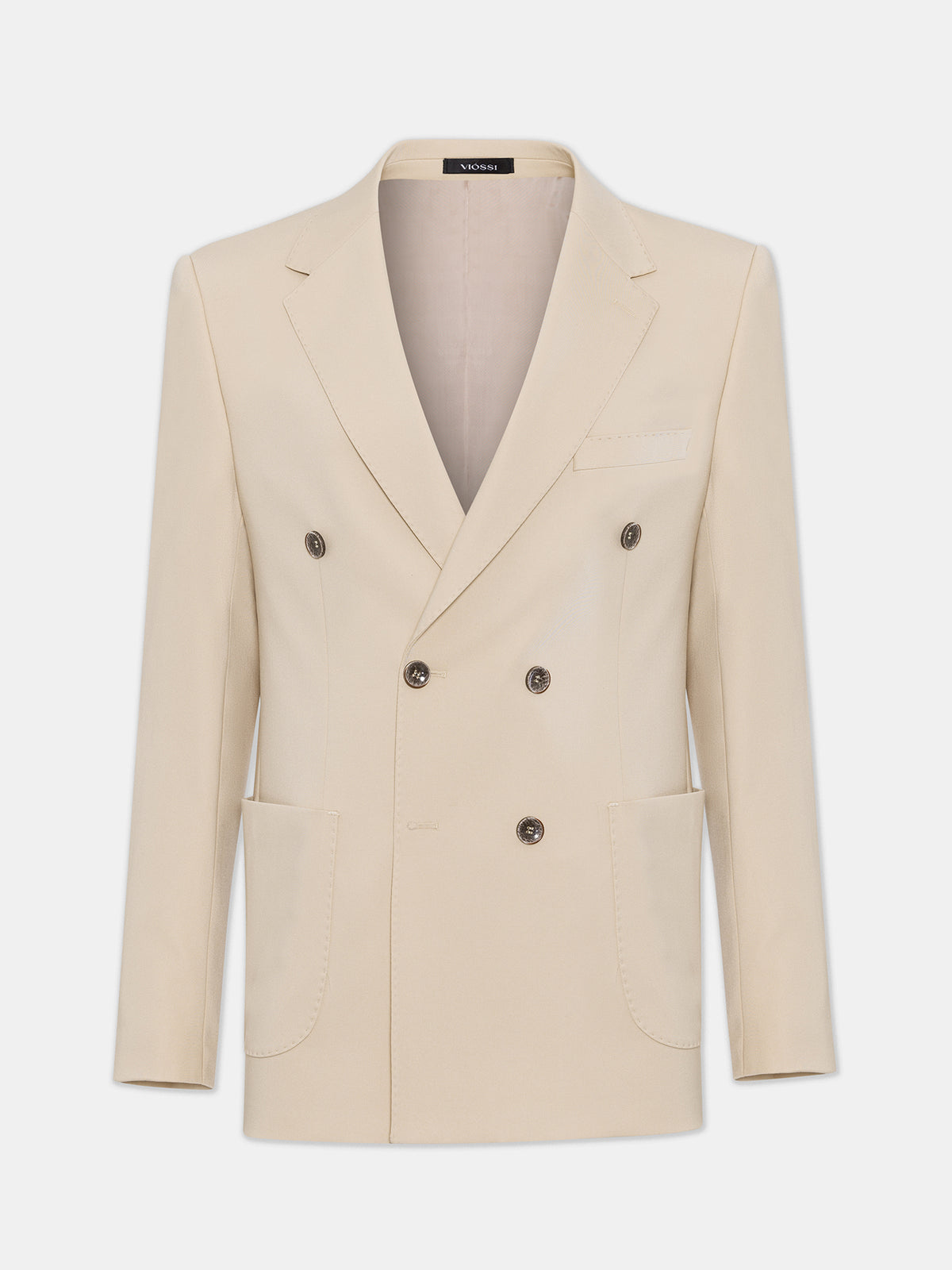 VIOSSI London Beige double breasted blazer front view - men double breasted blazer in neutral tan shade