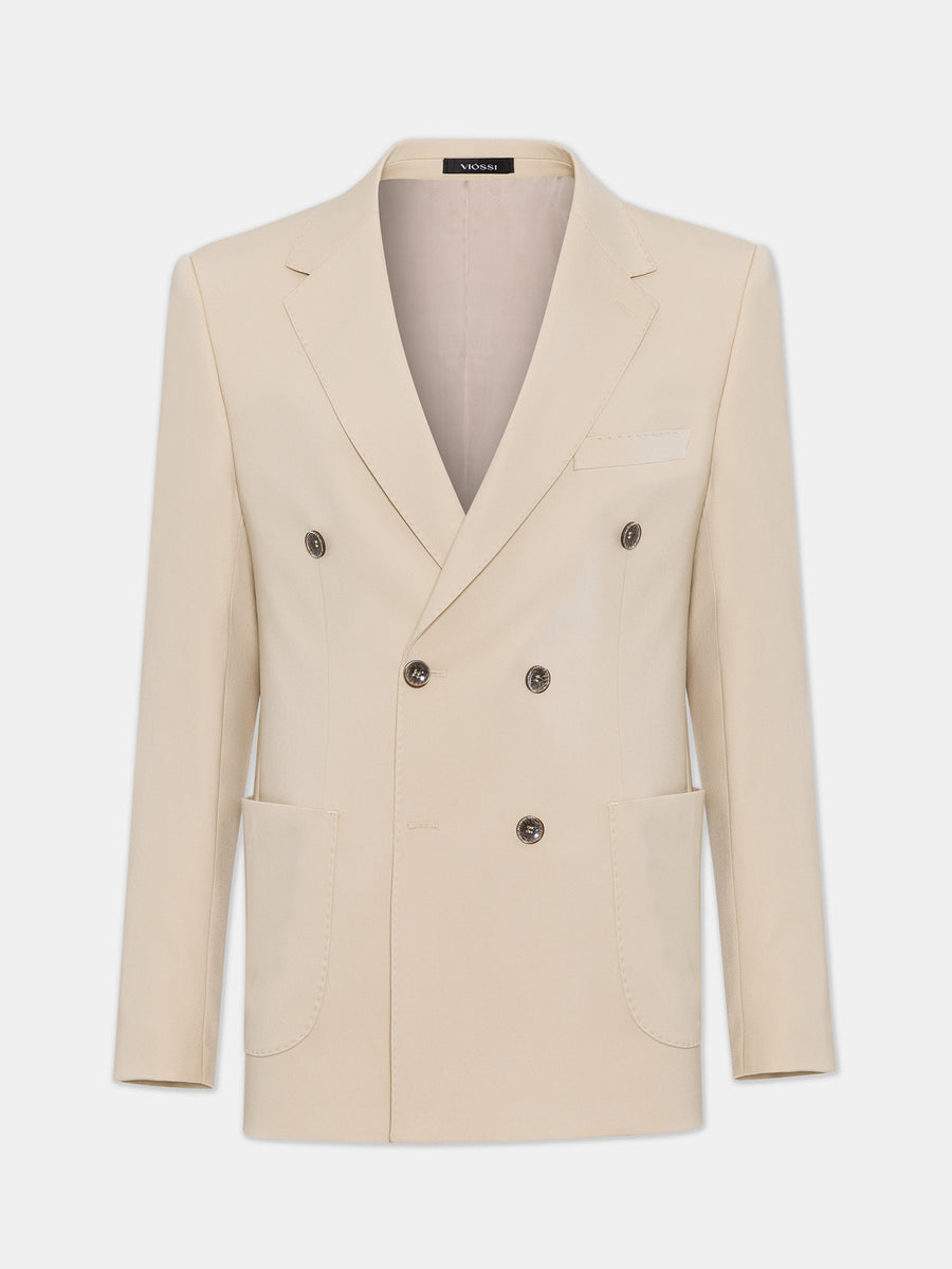 VIOSSI London Beige double breasted blazer front view - men double breasted blazer in neutral tan shade