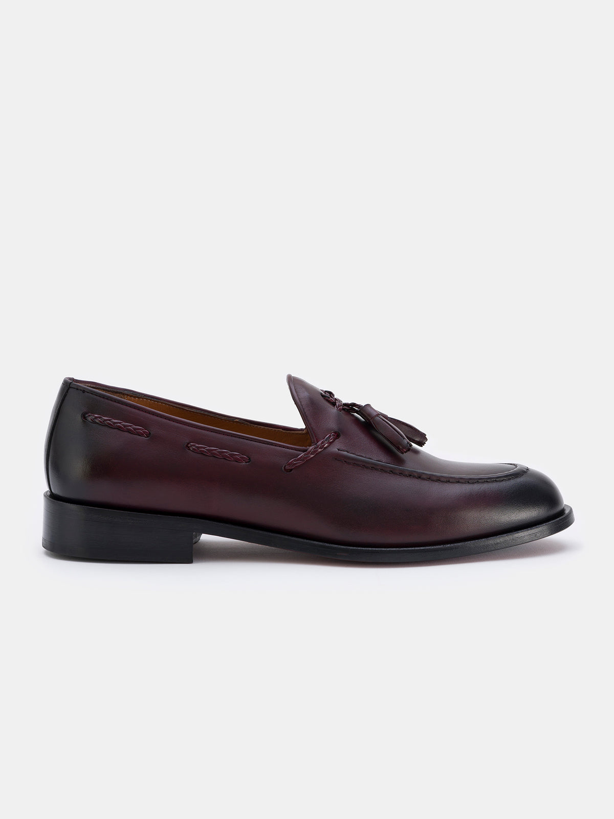 VIOSSI bordeaux loafers side angle showcasing sleek profile and detailed leather construction