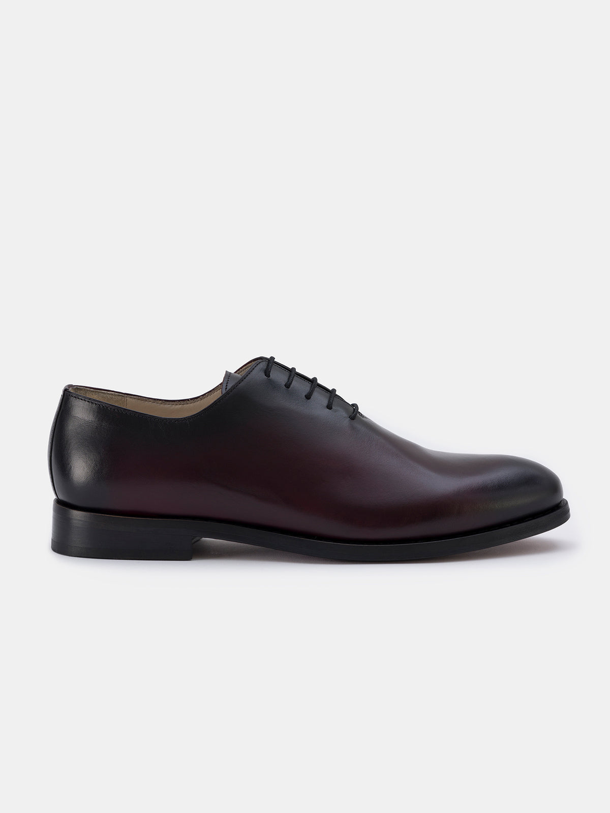 VIOSSI burnished oxfords in Bordeaux colorway showing side angle with elegant profile and heel construction