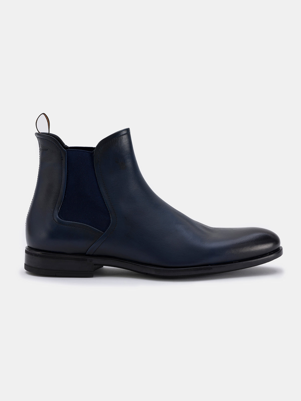 VIOSSI navy leather boots side angle showing elastic gussets, quality navy boots leather construction