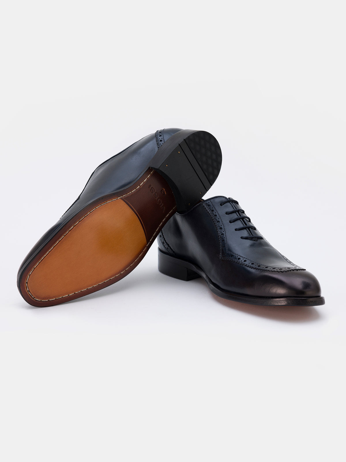 VIOSSI Navy Leather Wing Tip Oxford dress shoe front view, perfect for navy blue suit or navy blue tuxedo styling
