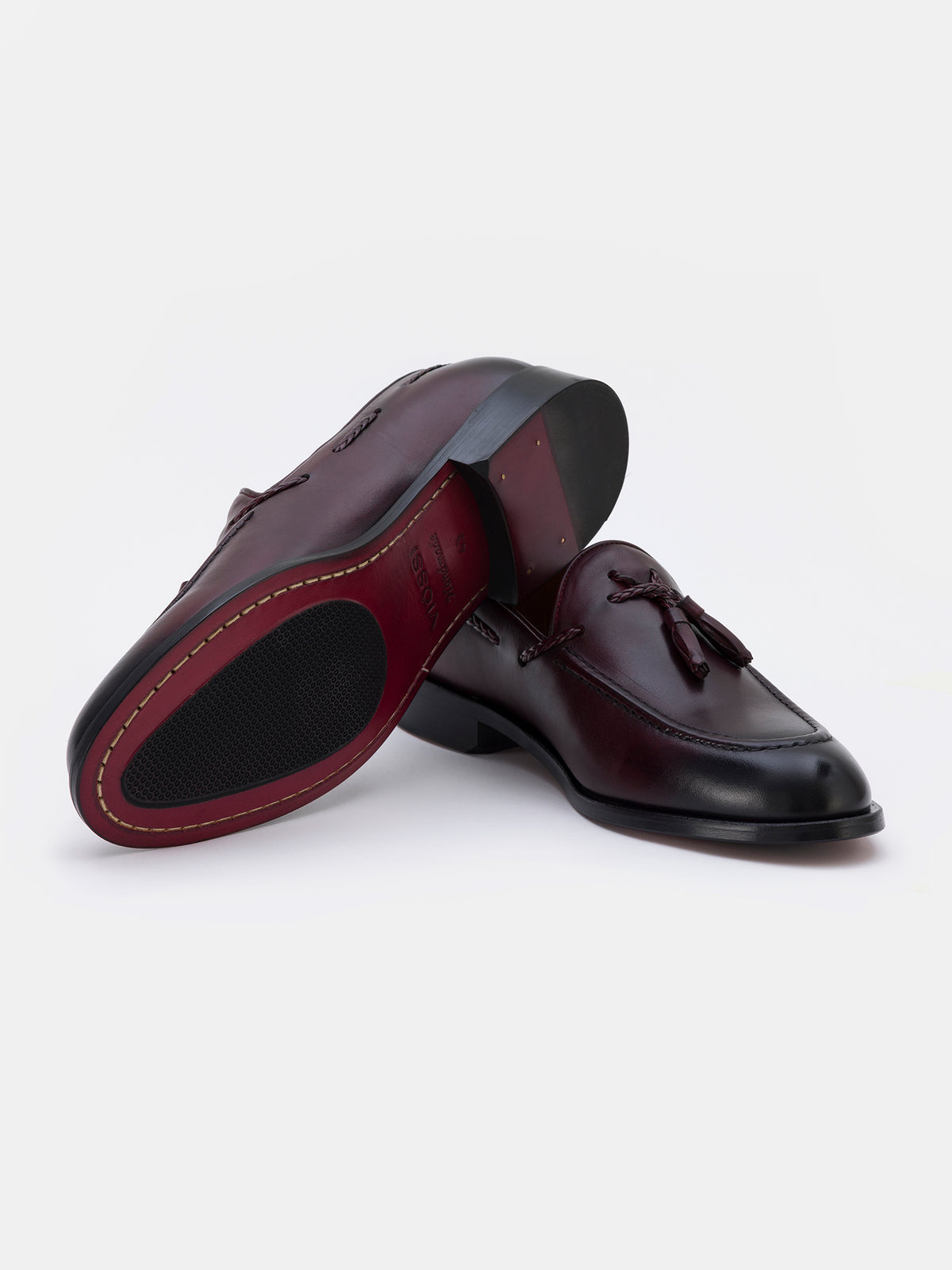VIOSSI bordeaux loafers close-up detail of leather tassel and stitching craftsmanship