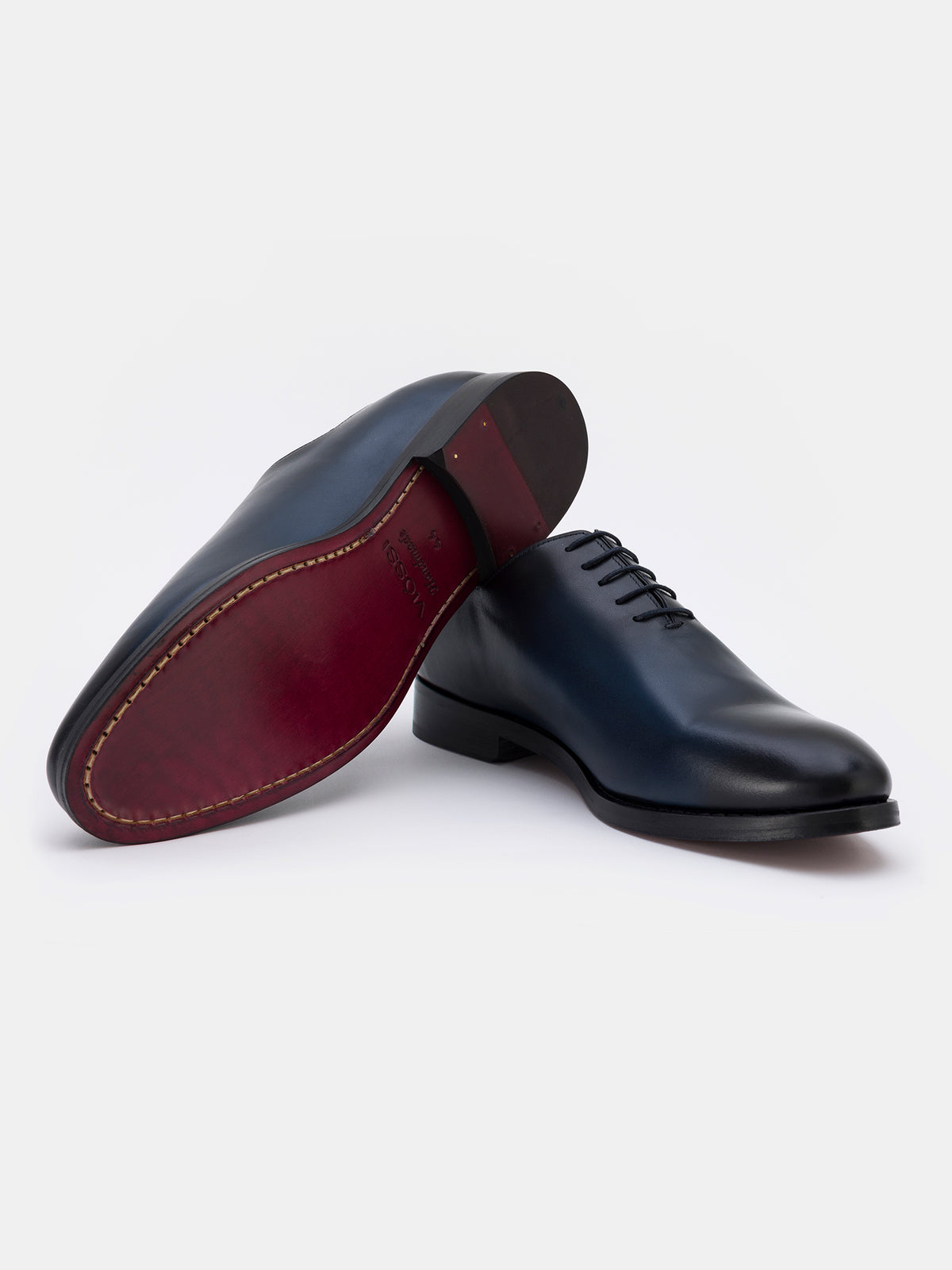 VIOSSI Navy Burnished Leather Oxford side profile showing sleek silhouette and burnished leather finish