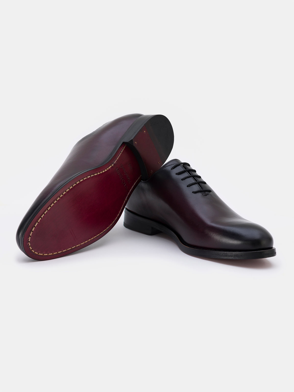 VIOSSI burnished leather oxfords detail shot highlighting Bordeaux finish and quality stitching work