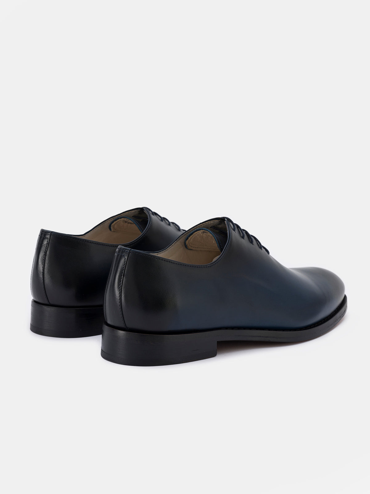VIOSSI Navy Burnished Leather Oxford detail shot highlighting quality stitching and leather texture