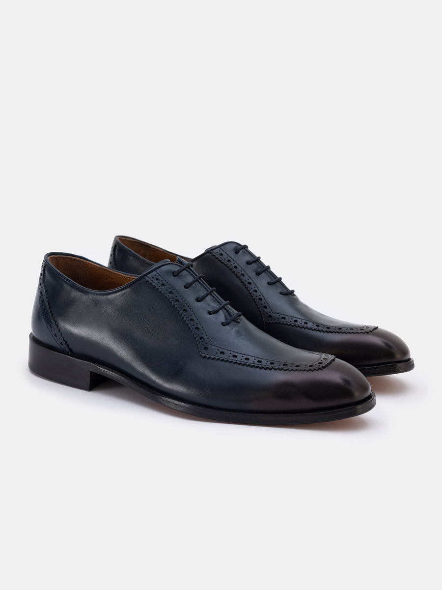 VIOSSI navy blue wingtips Oxford front view - leather dress shoes ideal for navy blue suit or tuxedo styling