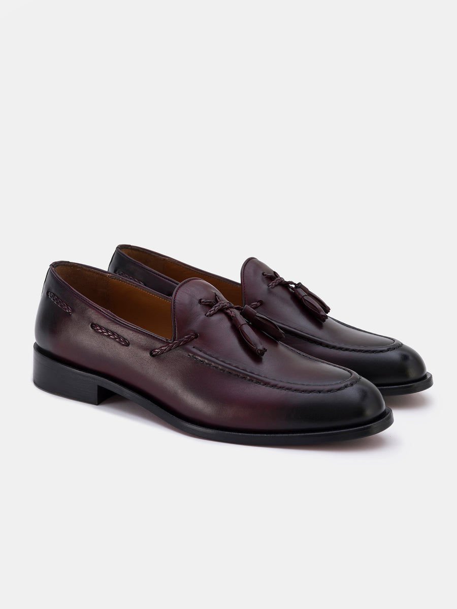 VIOSSI bordeaux loafers front view - rich burgundy leather tasselled dress shoes with sophisticated finish