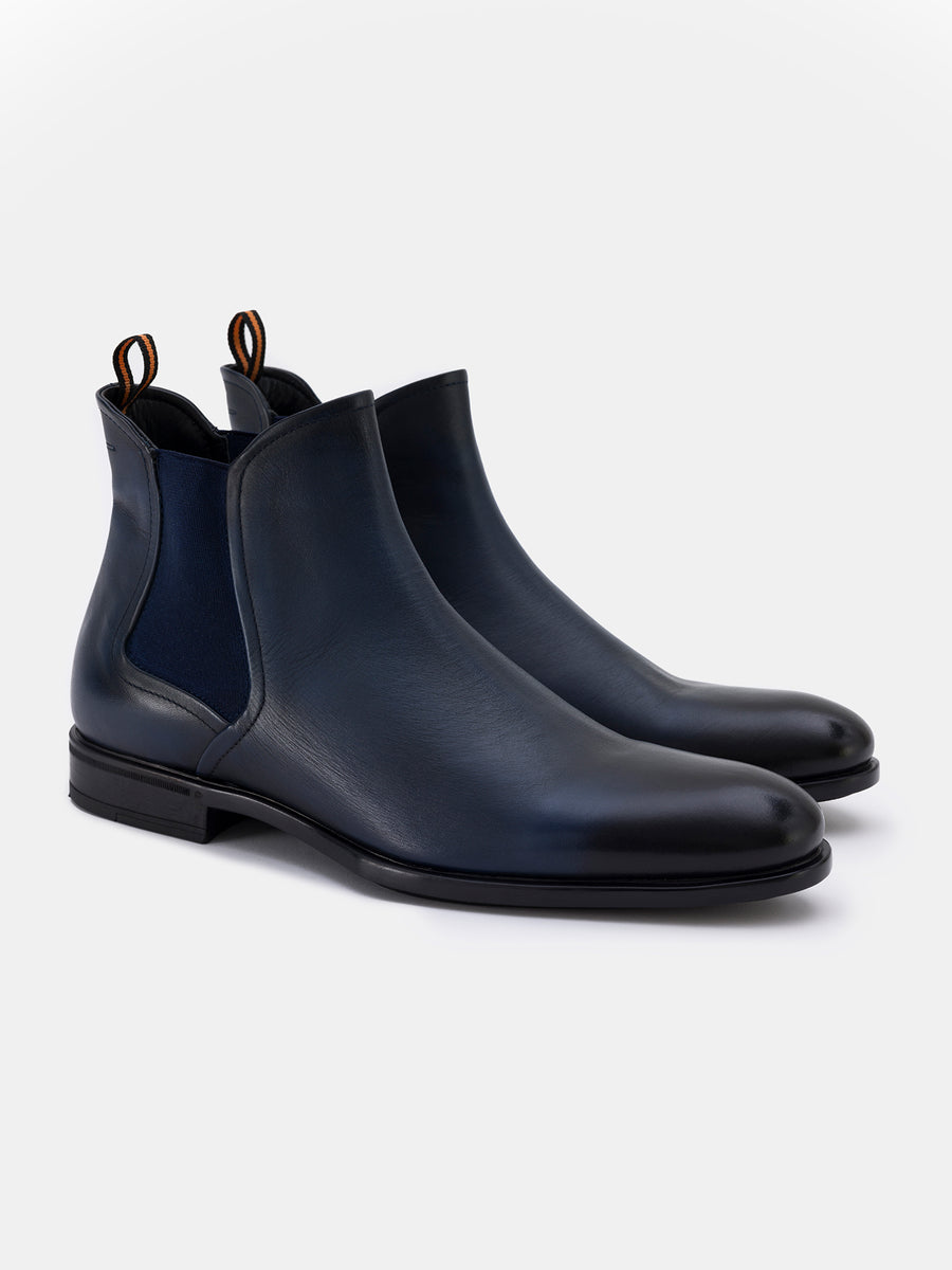 VIOSSI navy leather boots front view, sleek Chelsea boot design in rich navy boots leather finish