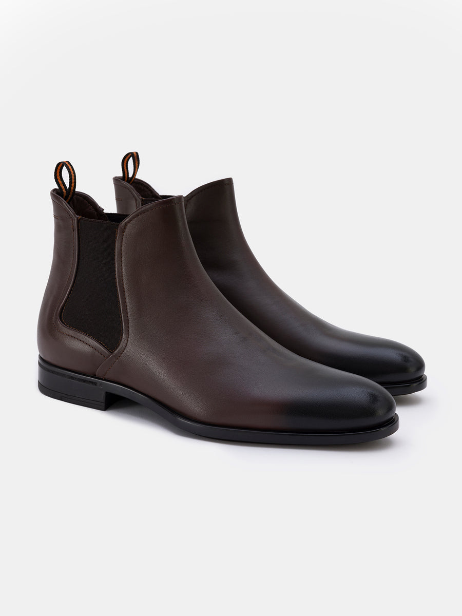 VIOSSI brown leather chelsea boots front view - rich brown ankle boots perfect with brown suit or blue suit