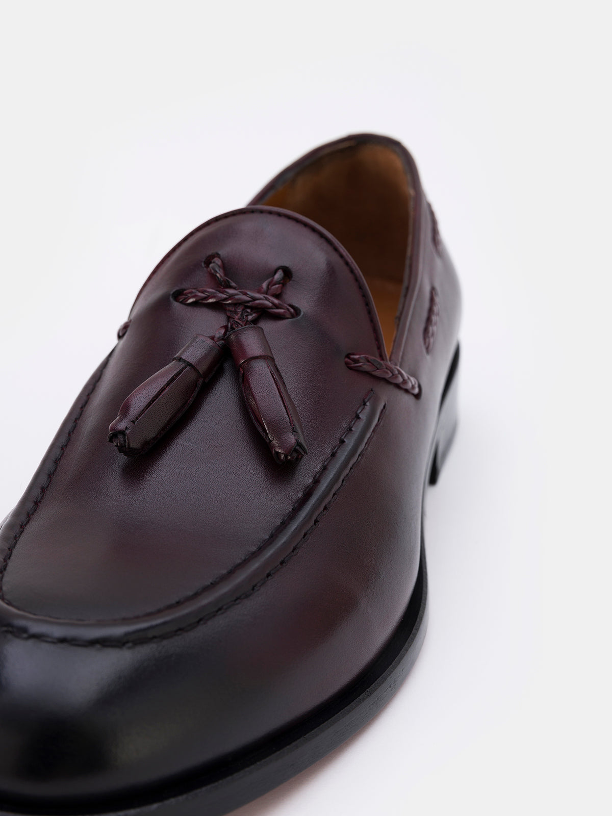 VIOSSI bordeaux loafers heel and sole view displaying quality construction and design elements