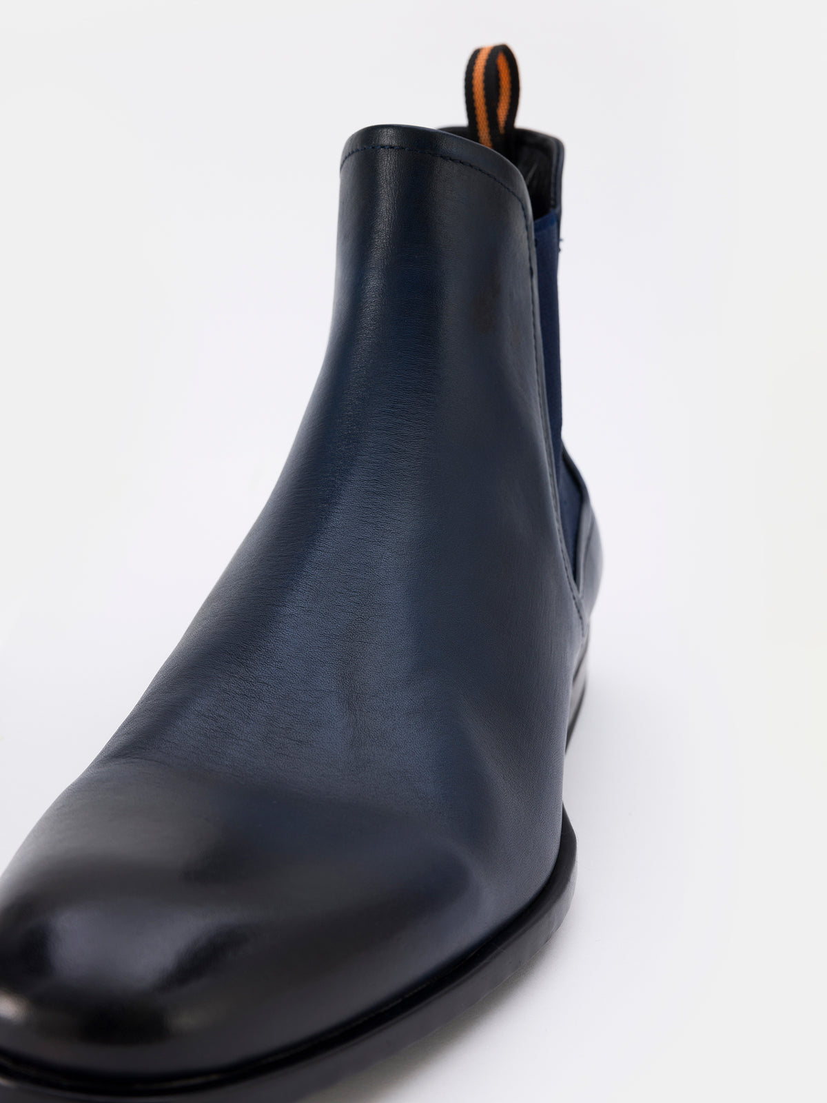 VIOSSI navy leather boots - front view of men's Chelsea boots in deep navy blue leather with elastic side panels