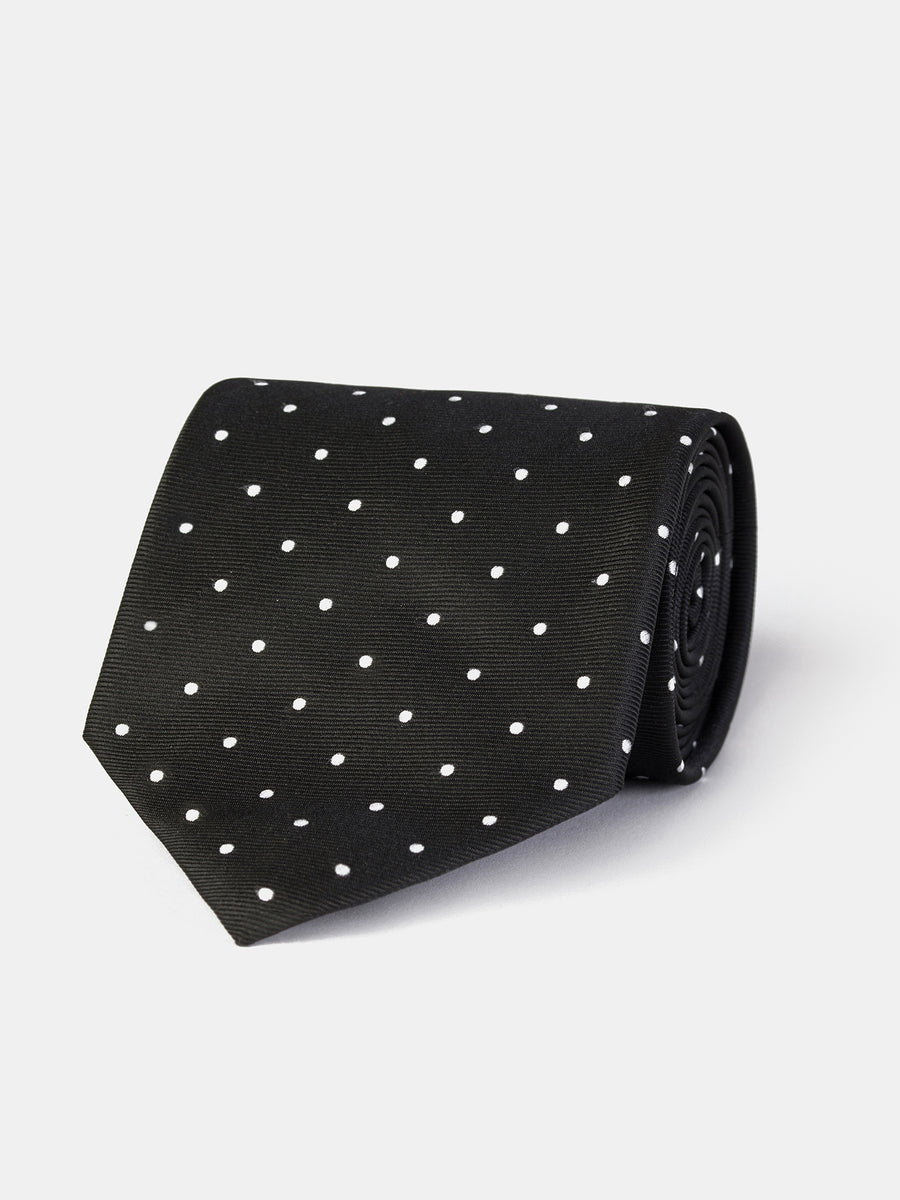 VIOSSI black polka-dot tie 9cm front view with white dots, perfect for black suit styling