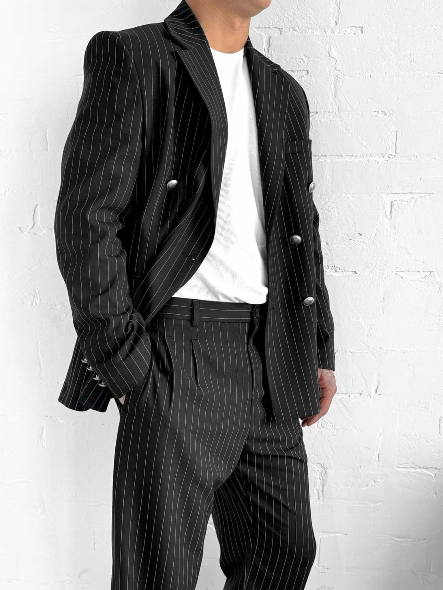 Black Striped Double Breasted Oversized Suit 2-Piece