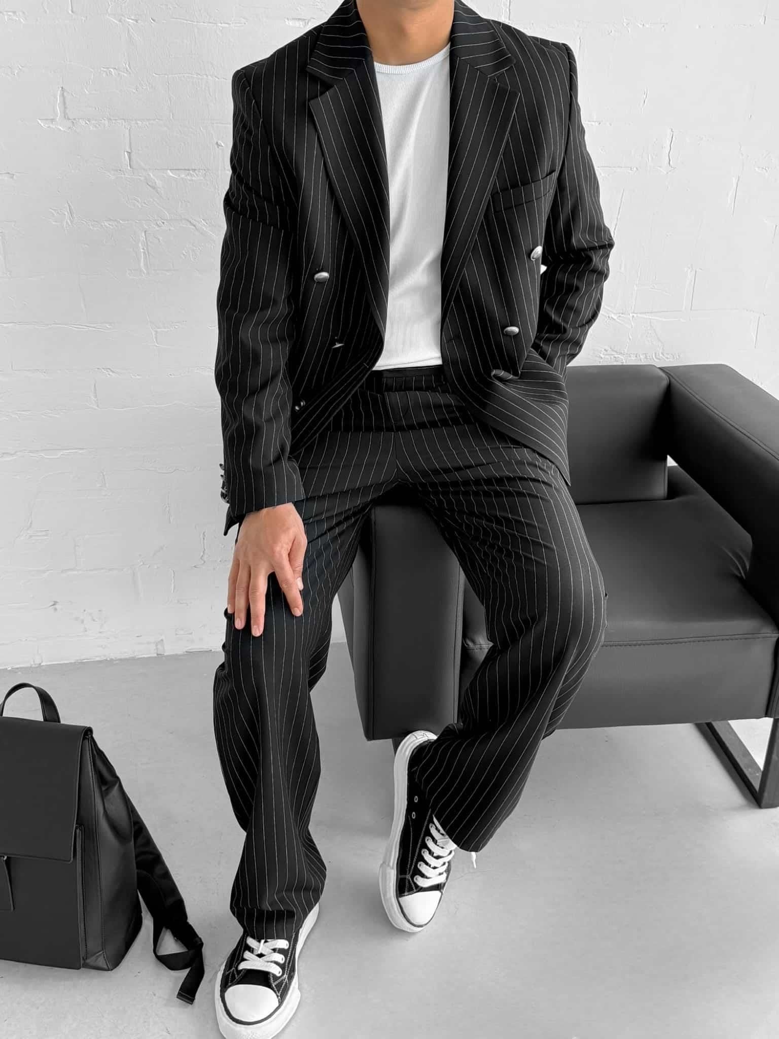 Black Striped Double Breasted Oversized Suit 2-Piece