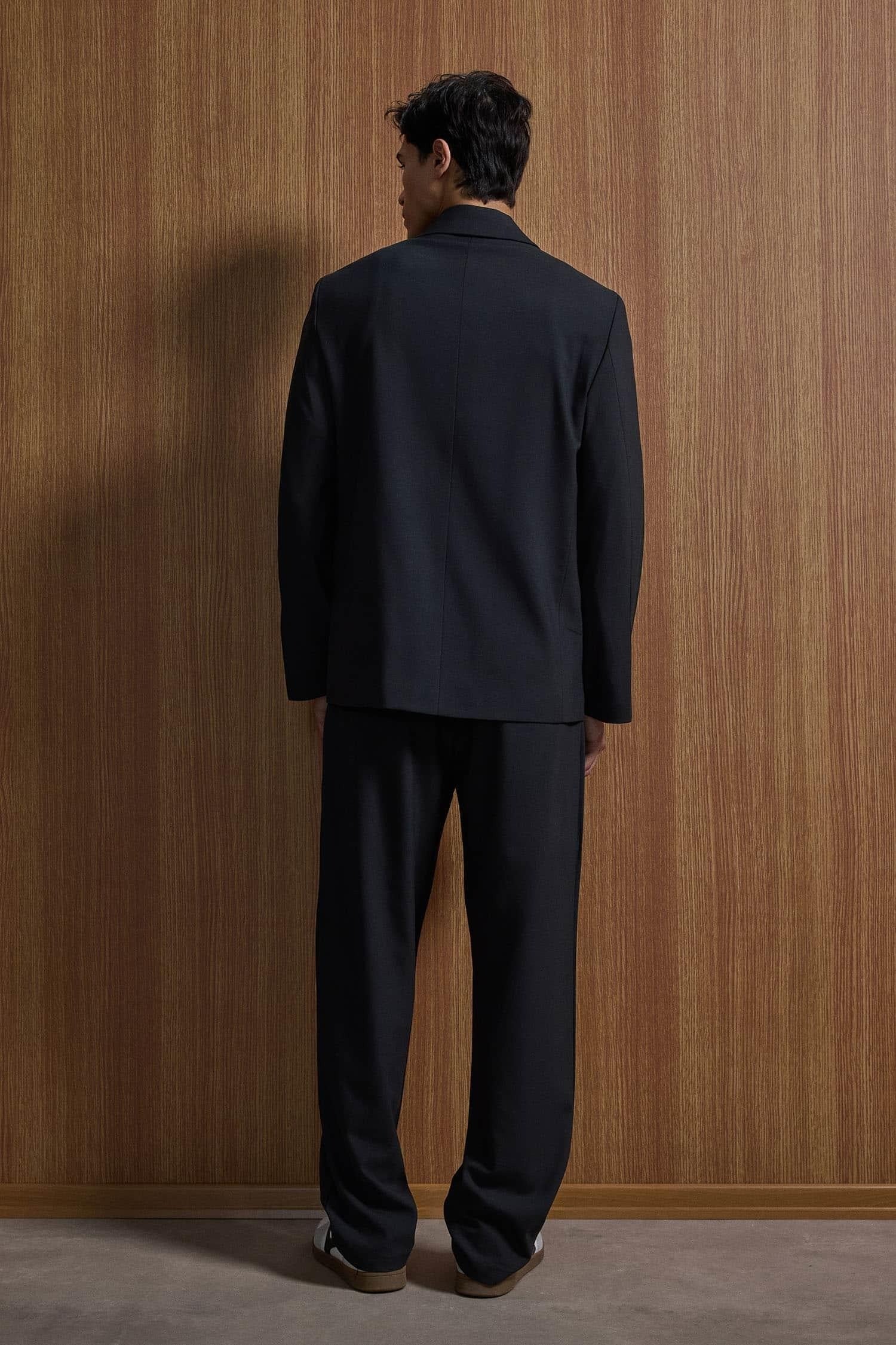 VIOSSI black tuxedo double breasted oversized suit 2-piece set shown from front view on white background