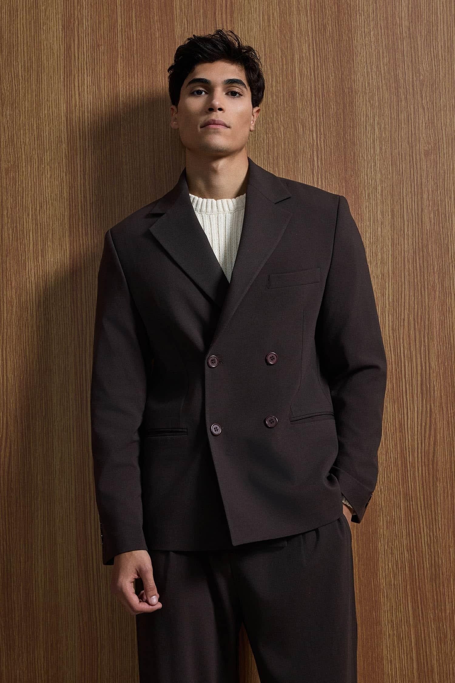 VIOSSI brown tuxedo double breasted oversized suit 2-piece set shown from front view on model