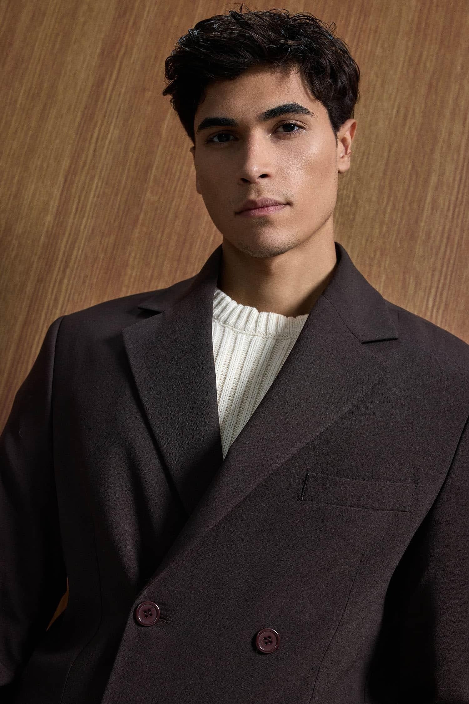 VIOSSI Brown Double Breasted Oversized Suit 2-Piece front view - tuxedo double breasted italian suit styles menswear