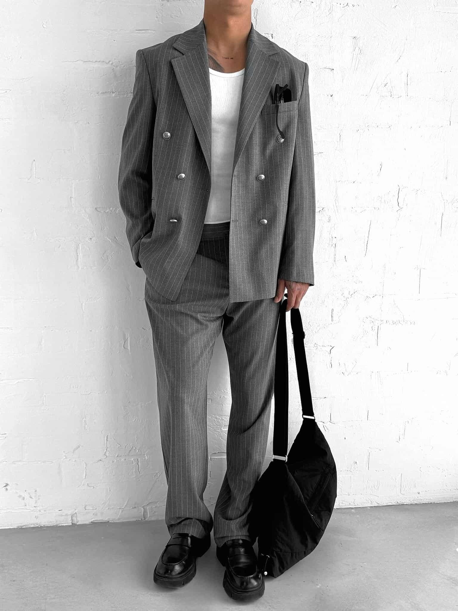VIOSSI grey striped tuxedo double breasted oversized suit 2-piece set shown in front view on model