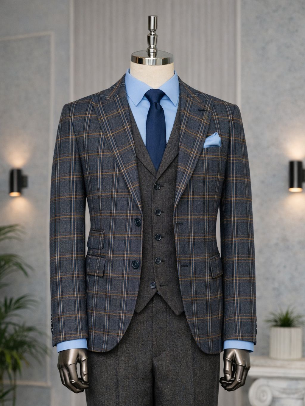 Navy Plaid Slim-Fit Suit 3-Piece