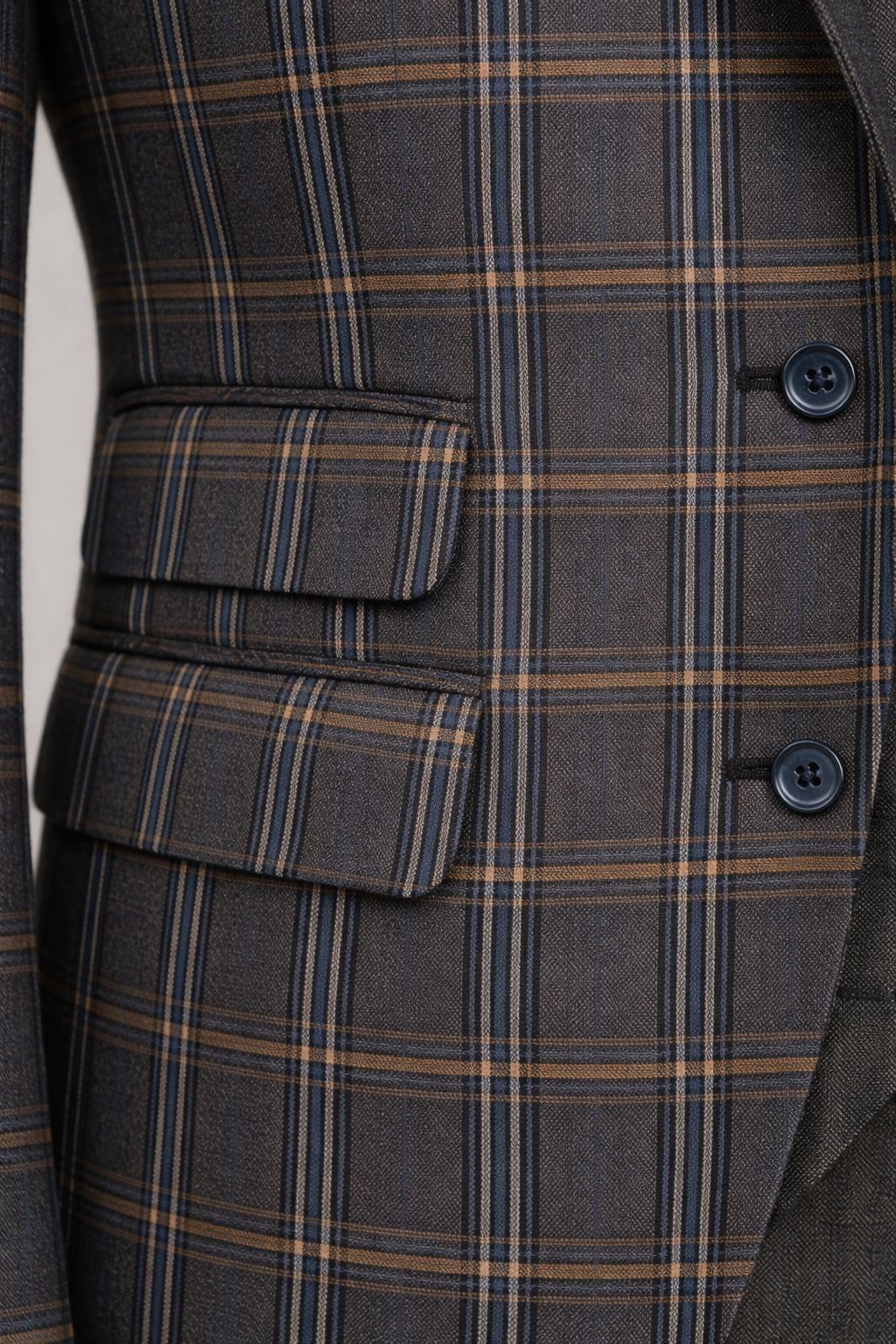 VIOSSI Navy Plaid Slim-Fit Suit 3-Piece front view - italian suit styles in dark blue checkered pattern menswear