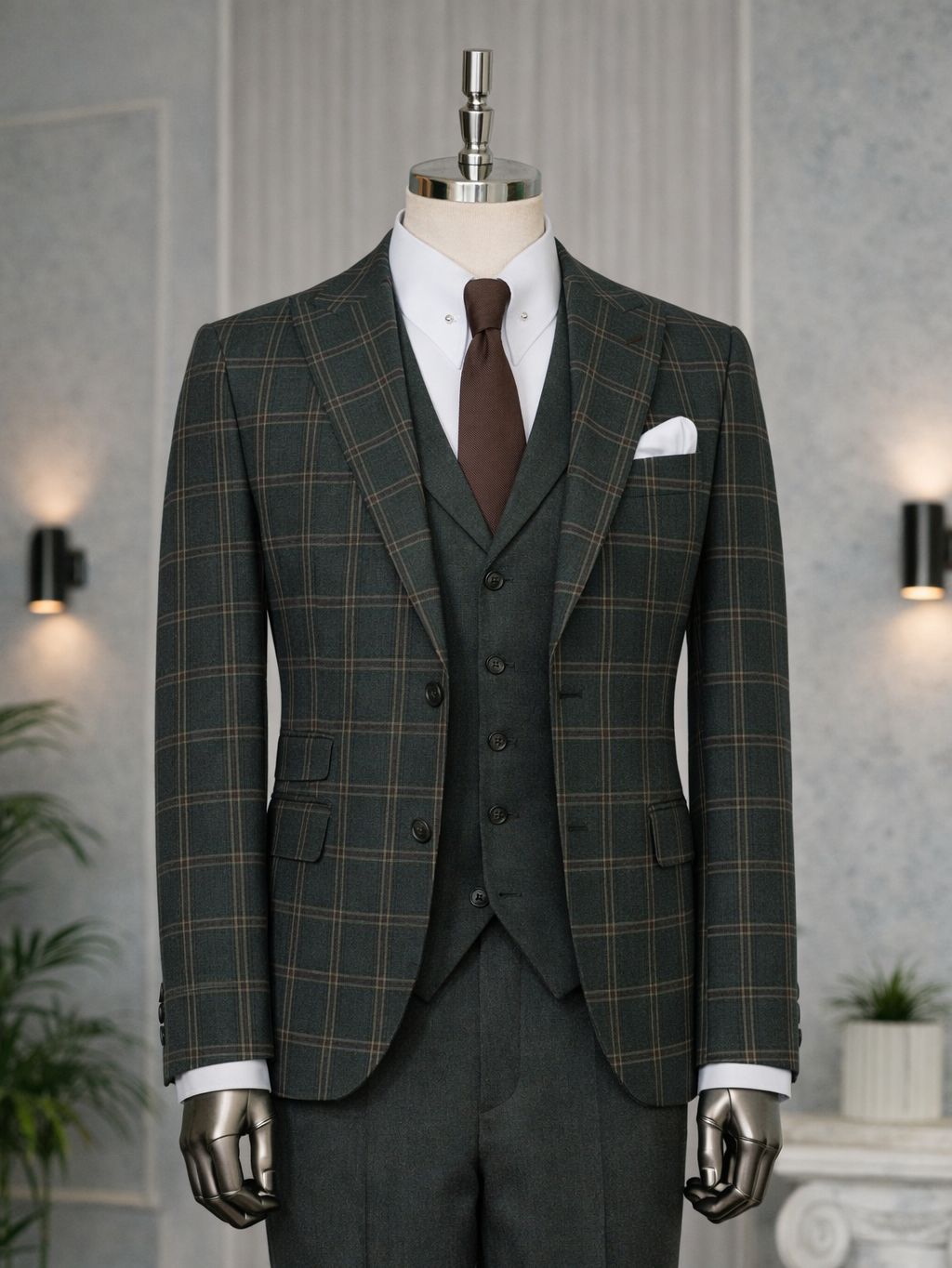 Green Plaid Slim-Fit Suit 3-Piece