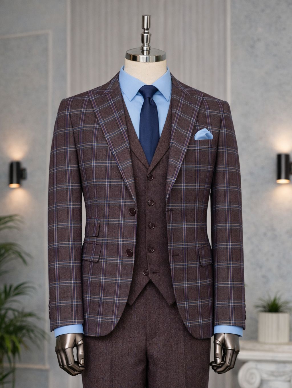 Bordeaux Plaid Slim-Fit Suit 3-Piece