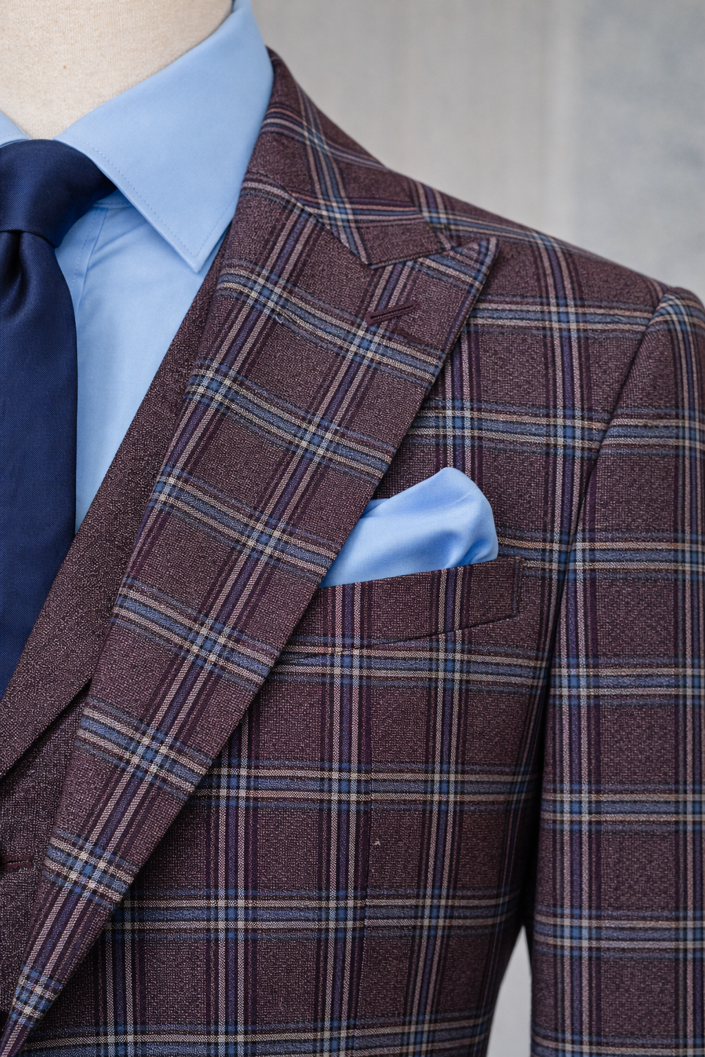 VIOSSI Bordeaux Plaid Slim-Fit Suit 3-Piece front view - italian suit styles in deep red checkered pattern