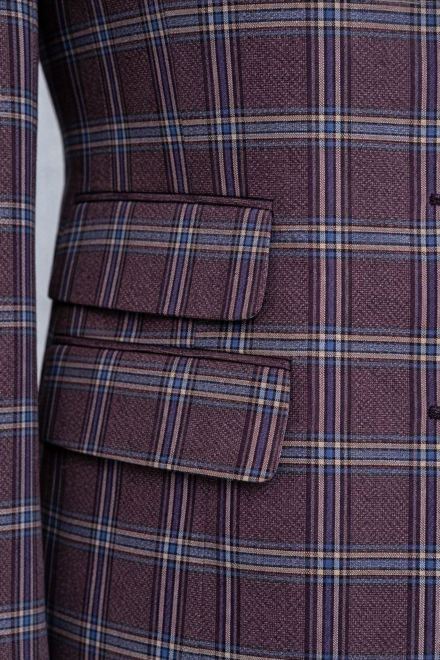 VIOSSI Bordeaux Plaid Slim-Fit Suit 3-Piece front view - italian suit styles in deep red checkered pattern