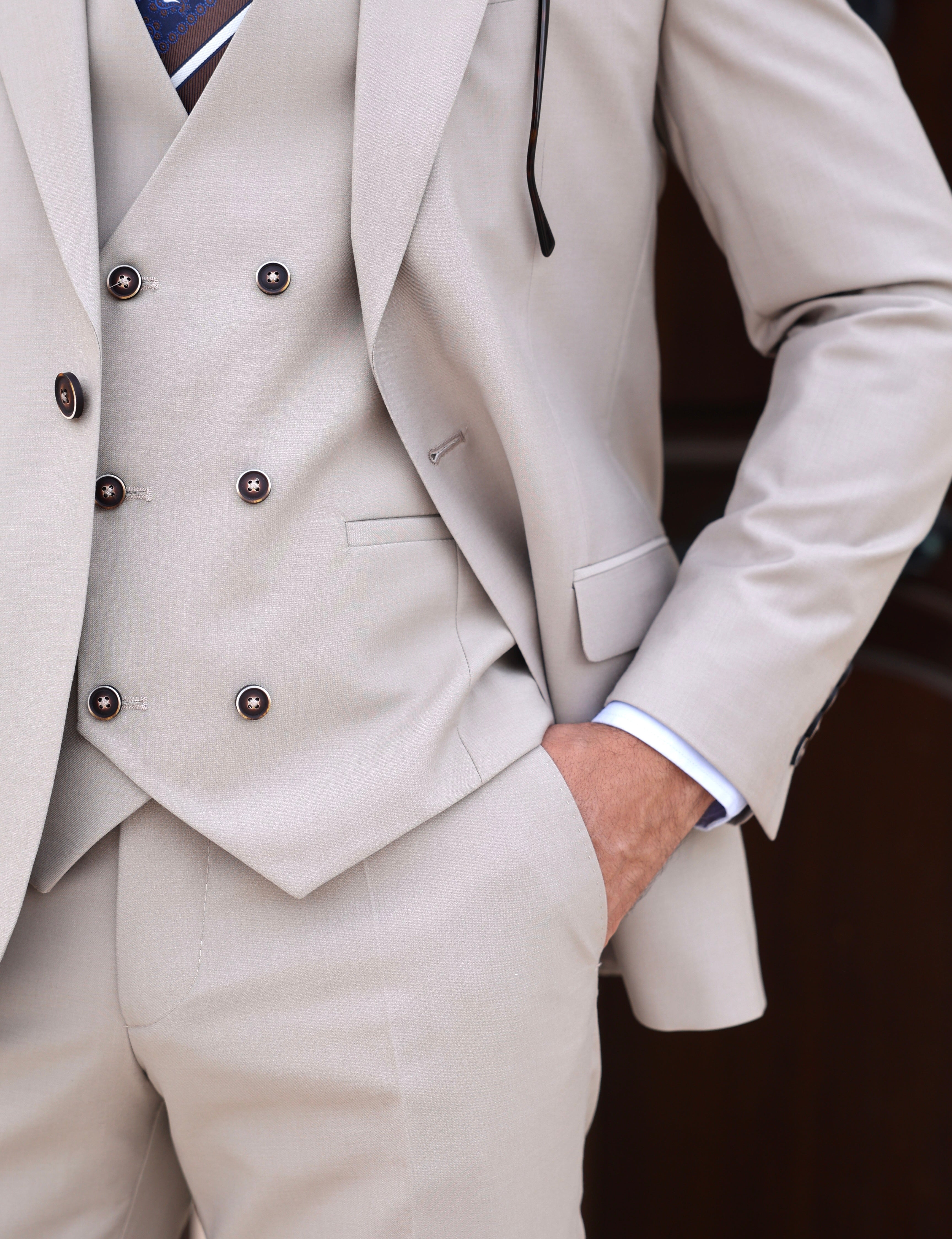 Beige Slim-Fit Suit 3-Piece