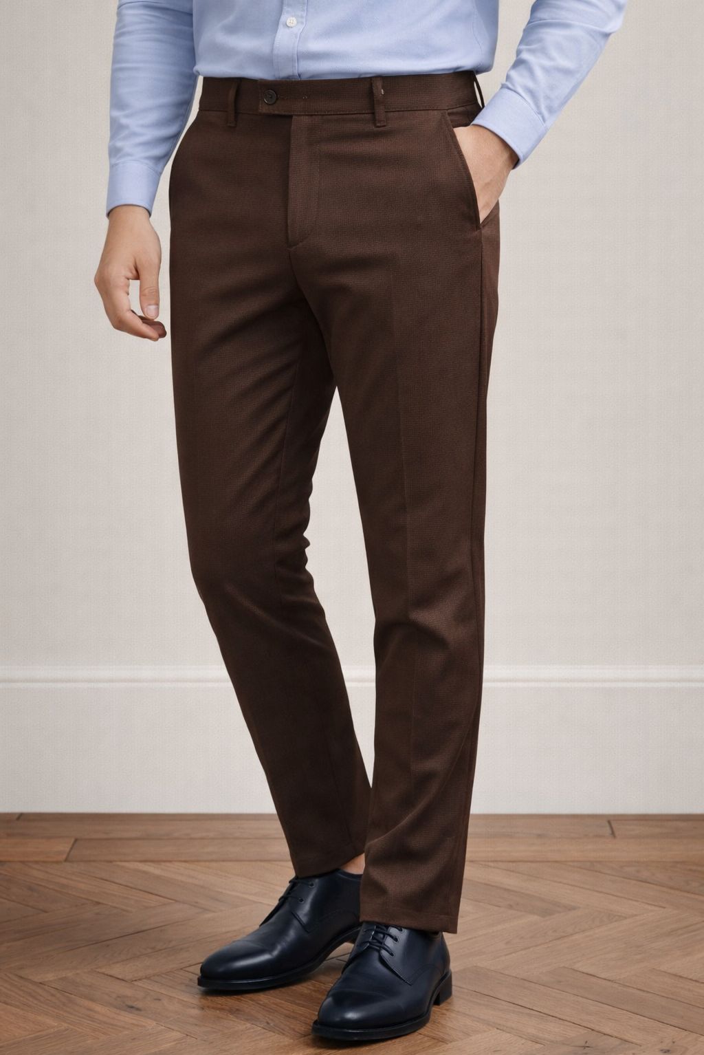 Brown Mid Waist Slim-Fit Pants