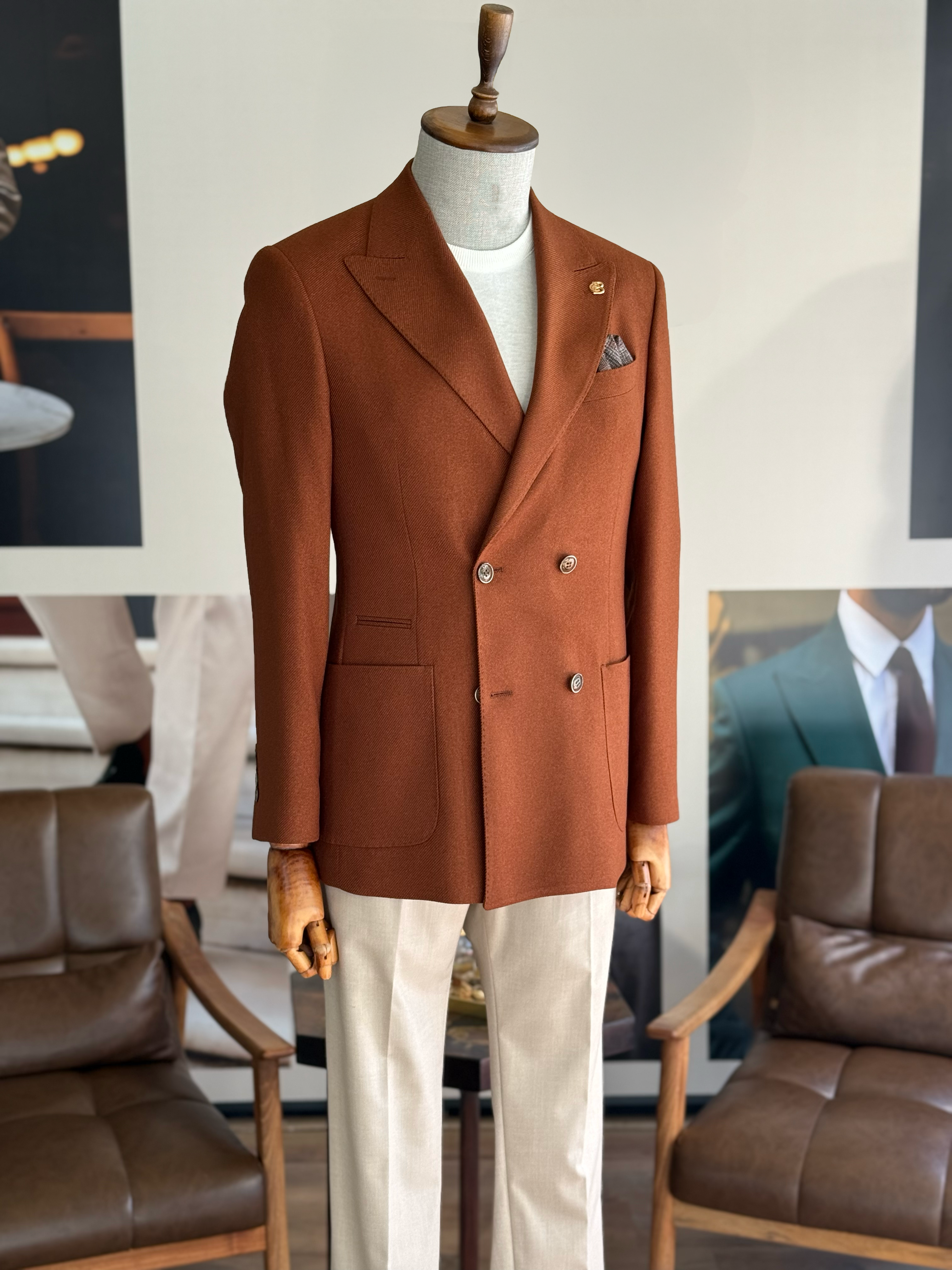 VIOSSI brown tuxedo double breasted blazer front view - classic men's formal jacket in rich chocolate brown color