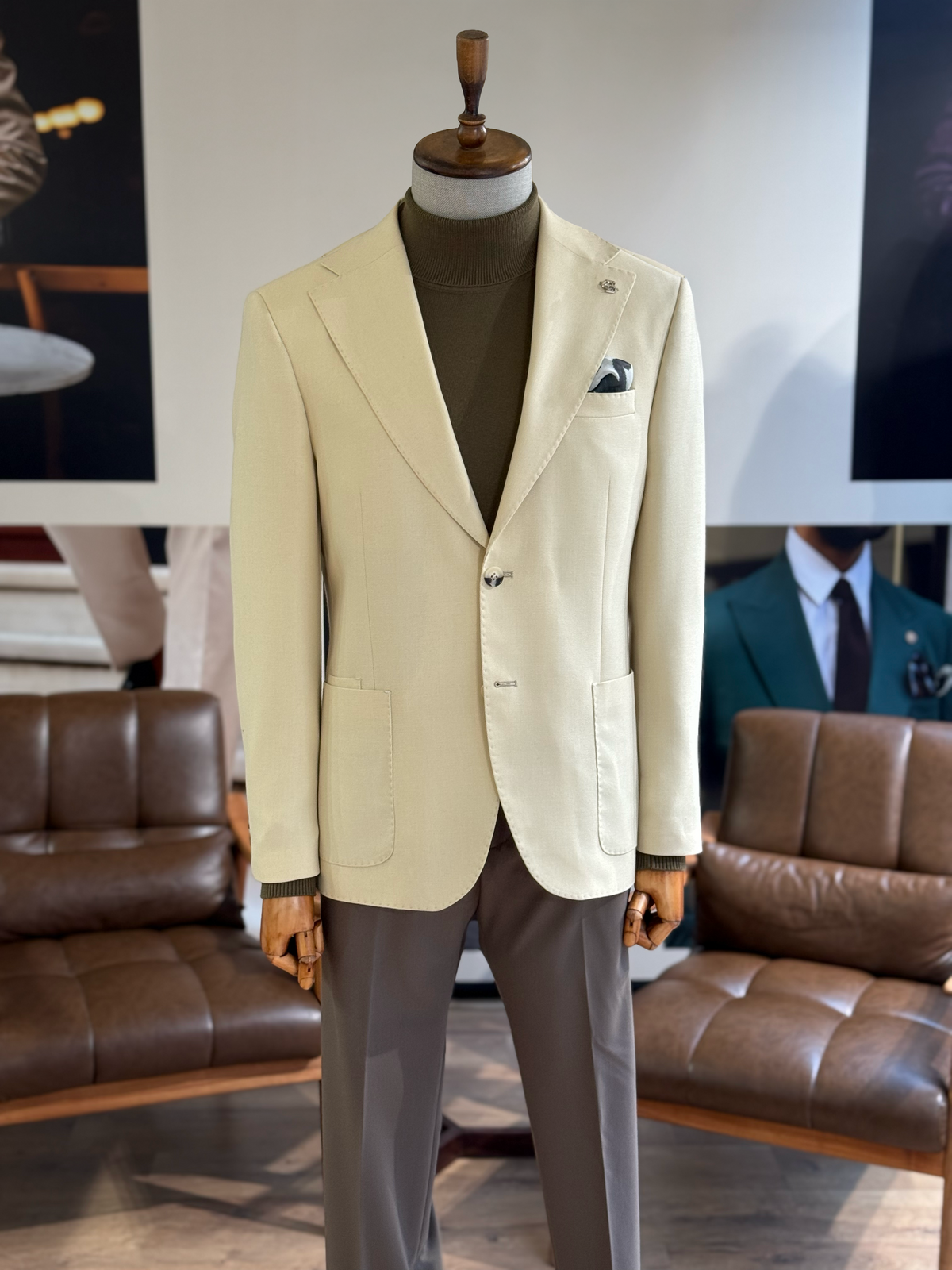 VIOSSI beige single breasted blazer front view - men double breasted blazer style in neutral tan color