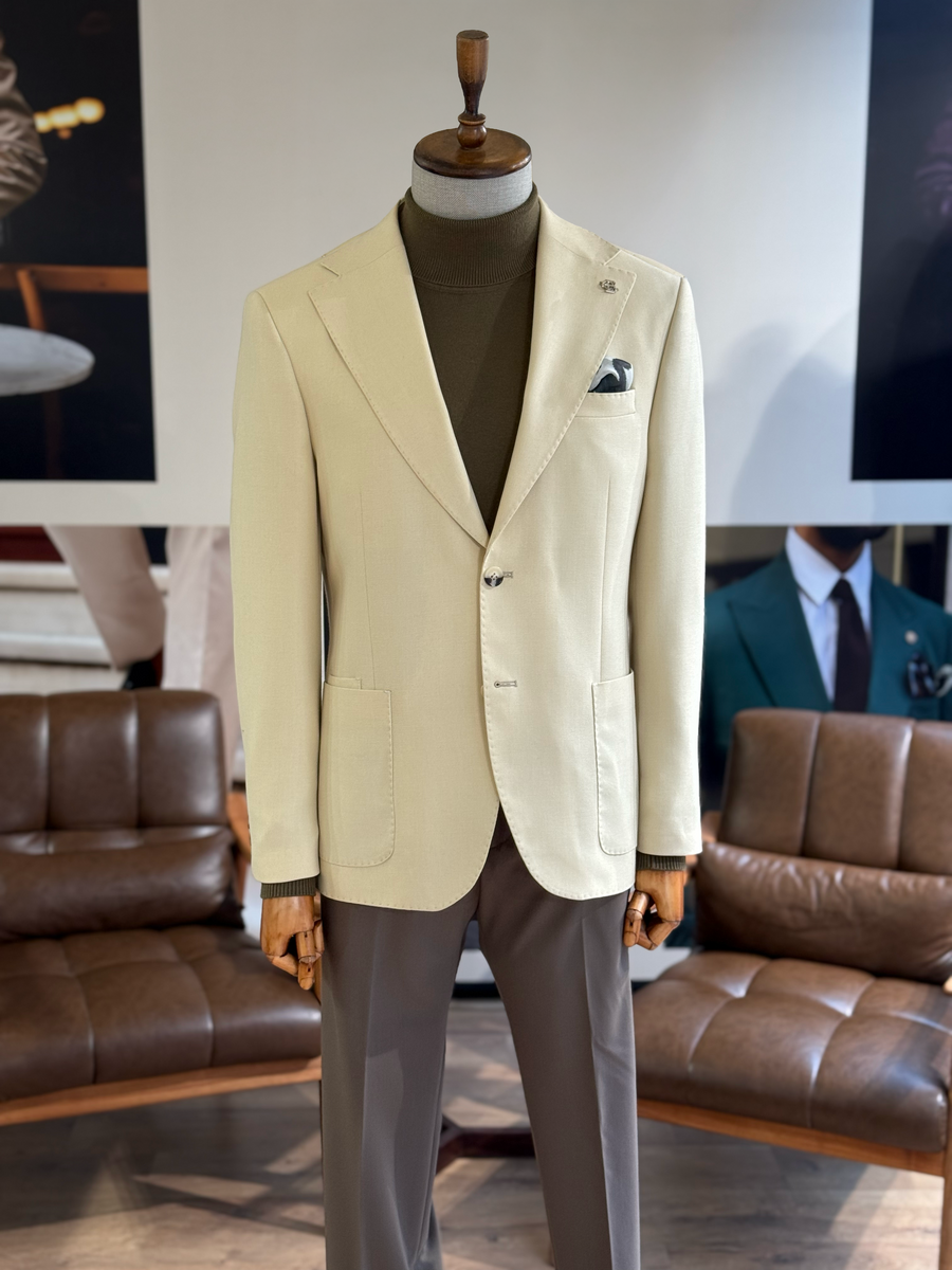 VIOSSI beige single breasted blazer front view - men double breasted blazer style in neutral tan color