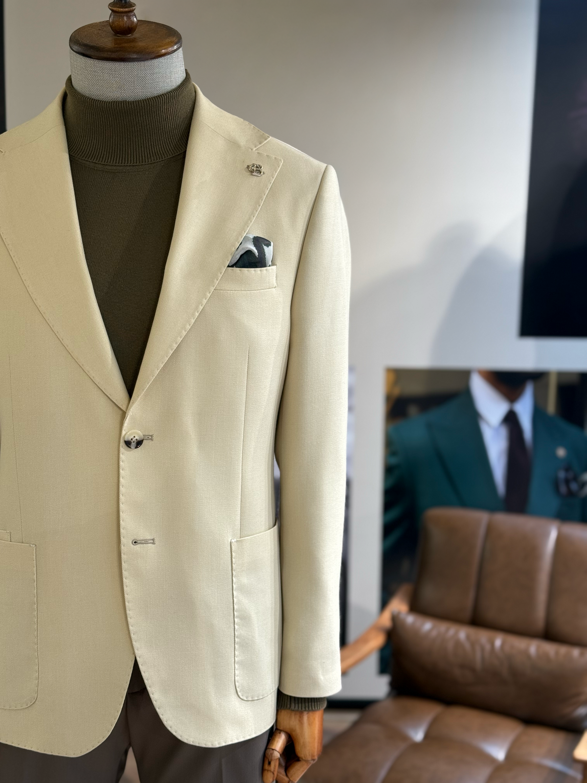 VIOSSI beige single breasted blazer front view - men double breasted blazer style in light tan color