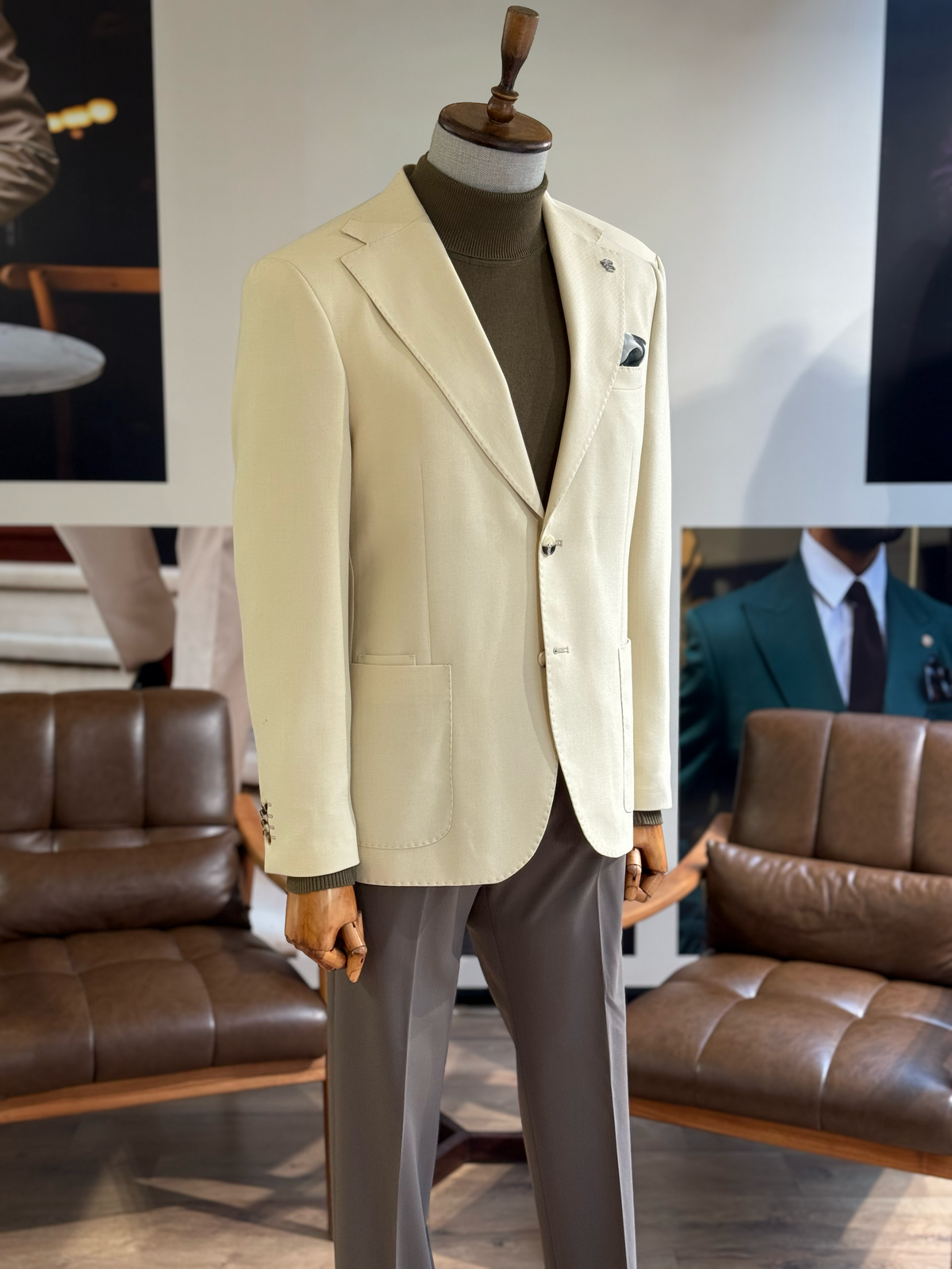 VIOSSI beige single breasted blazer front view - men double breasted blazer style with notched lapels and button closure