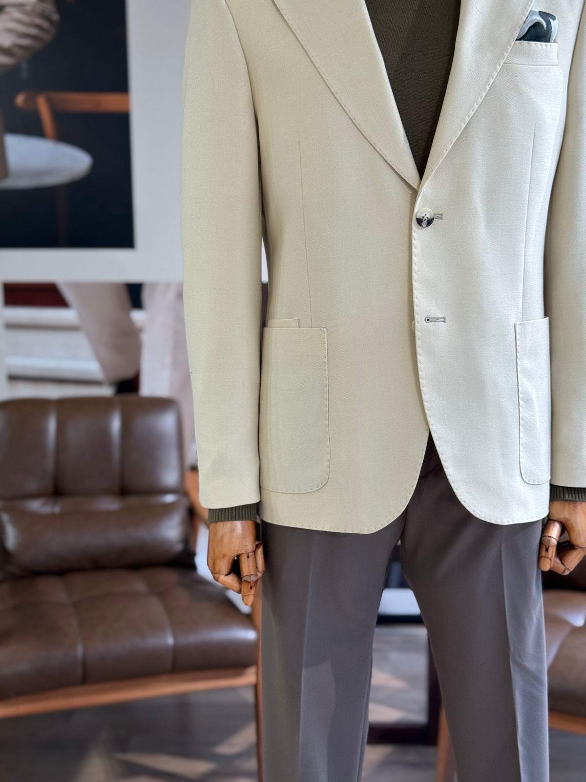 VIOSSI beige single breasted blazer front view - men double breasted blazer style jacket in neutral tan color