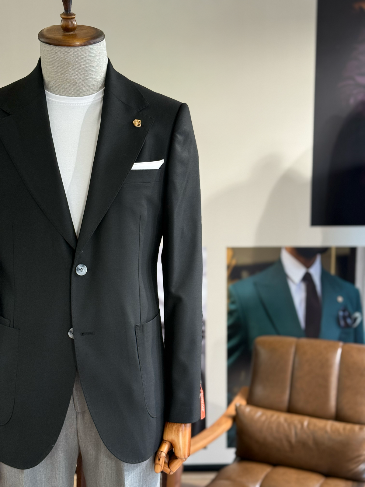 VIOSSI black single breasted blazer front view - men double breasted blazer style formal suit jacket