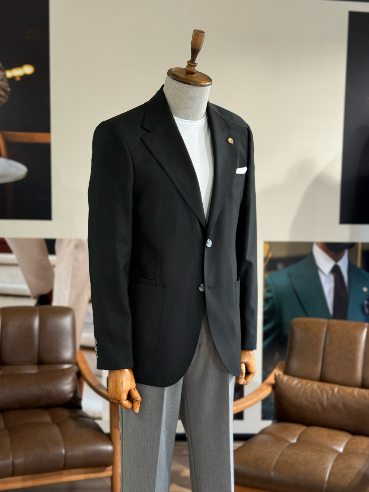 VIOSSI black single breasted blazer front view - men double breasted blazer style formal jacket