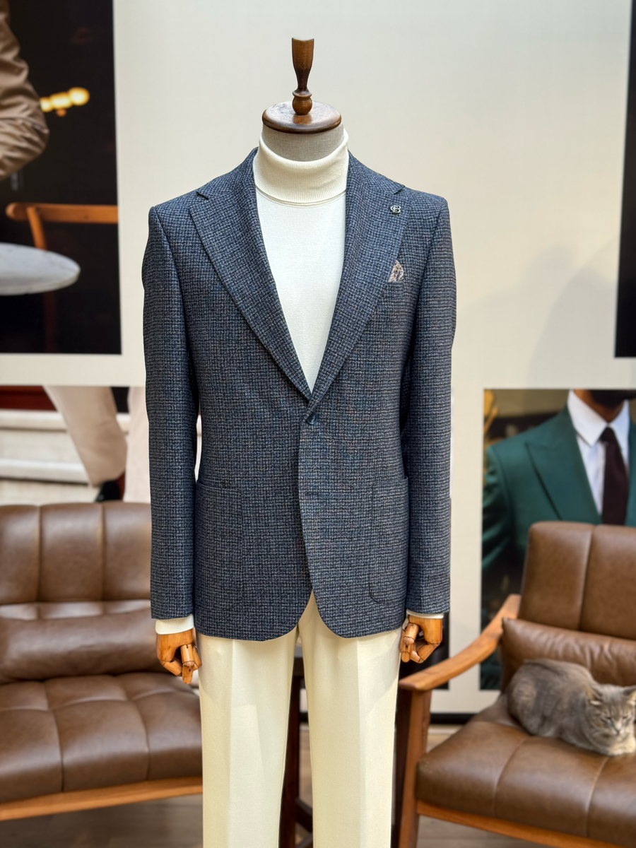 VIOSSI navy houndstooth single breasted blazer front view - men double breasted blazer style menswear jacket