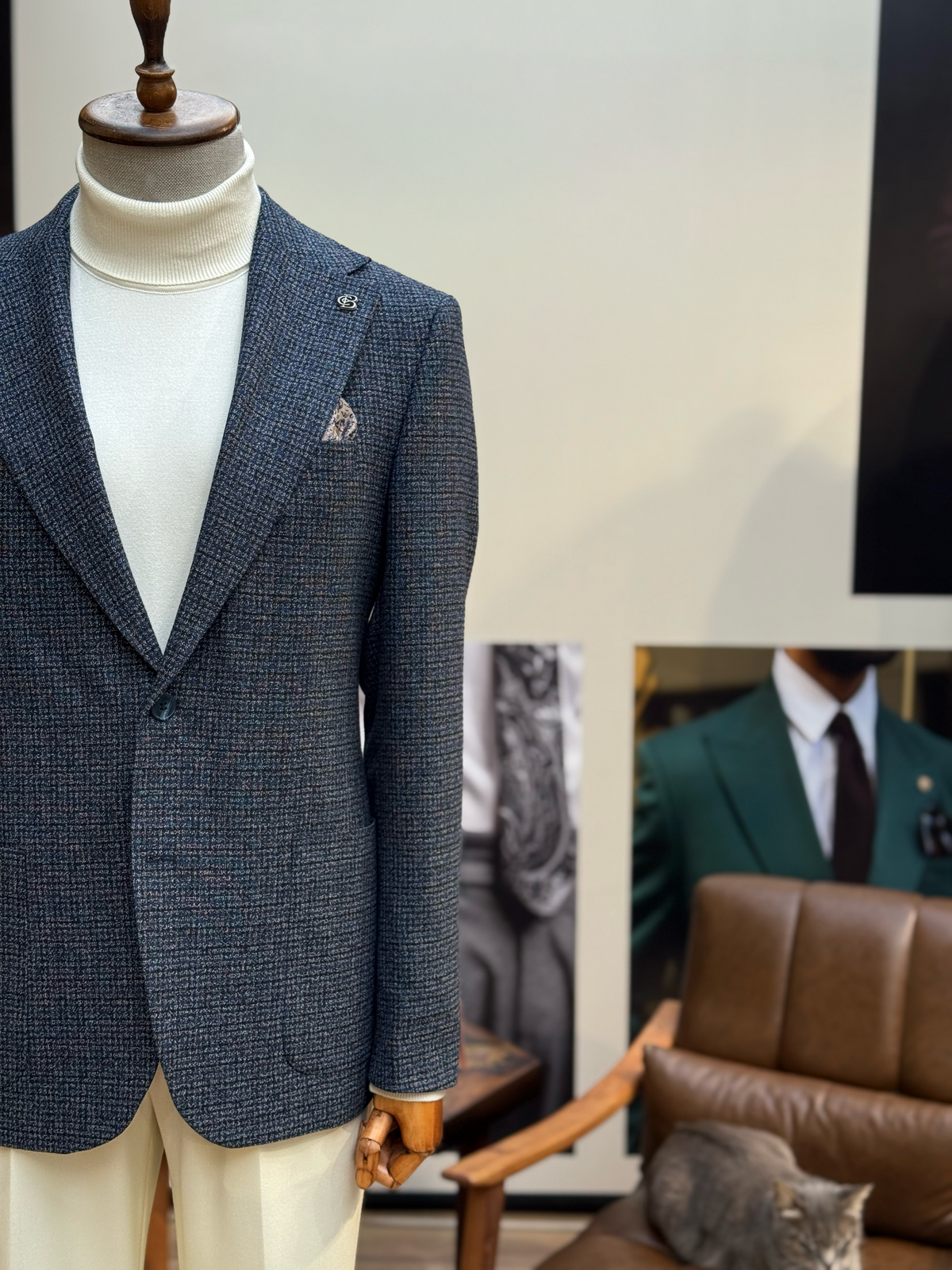 VIOSSI navy houndstooth single breasted blazer front view - men double breasted blazer style tailored jacket