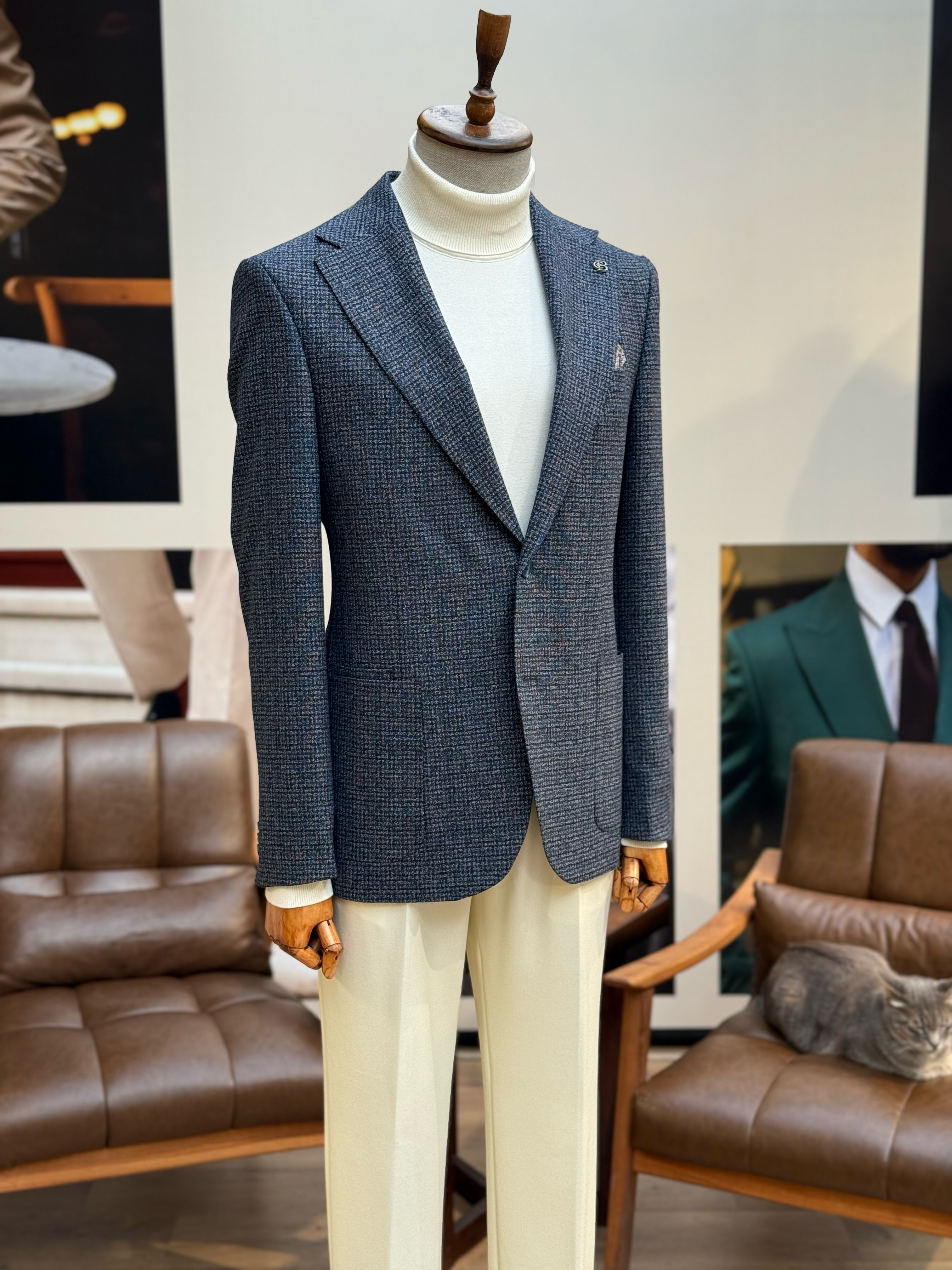 Navy Houndstooth Single Breasted Blazer