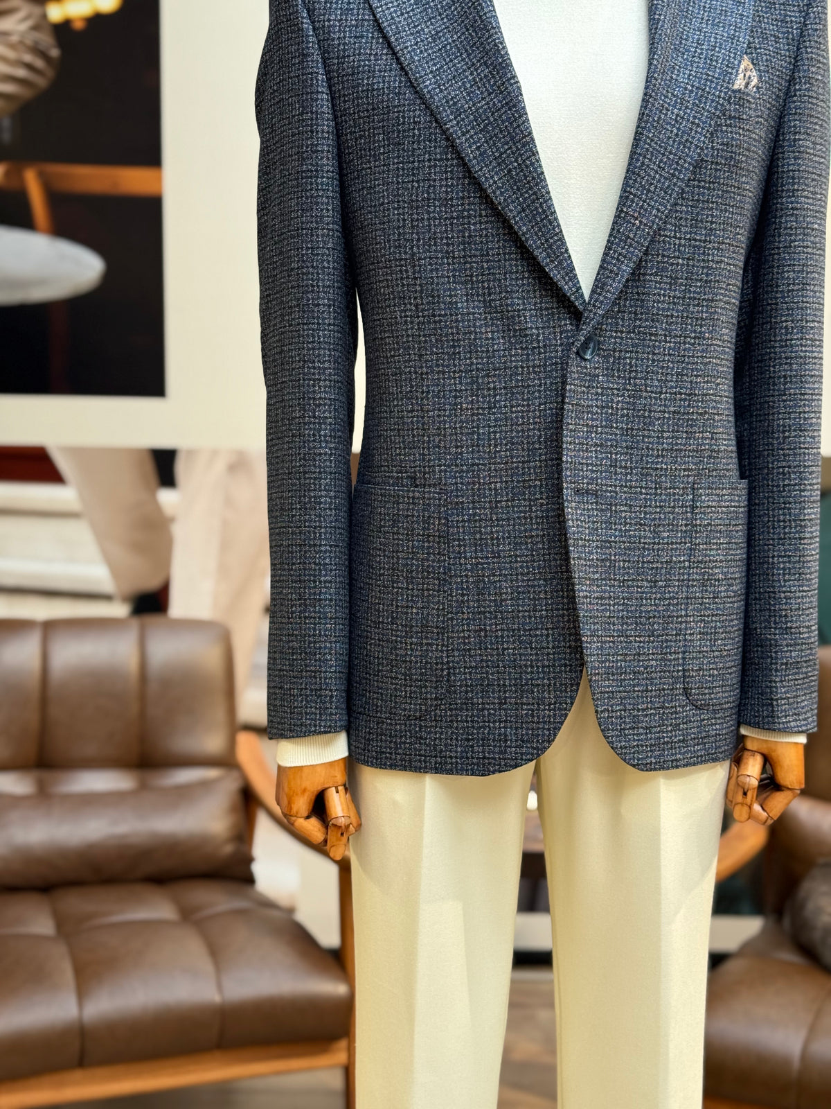 VIOSSI navy houndstooth single breasted blazer front view - men double breasted blazer style with classic pattern