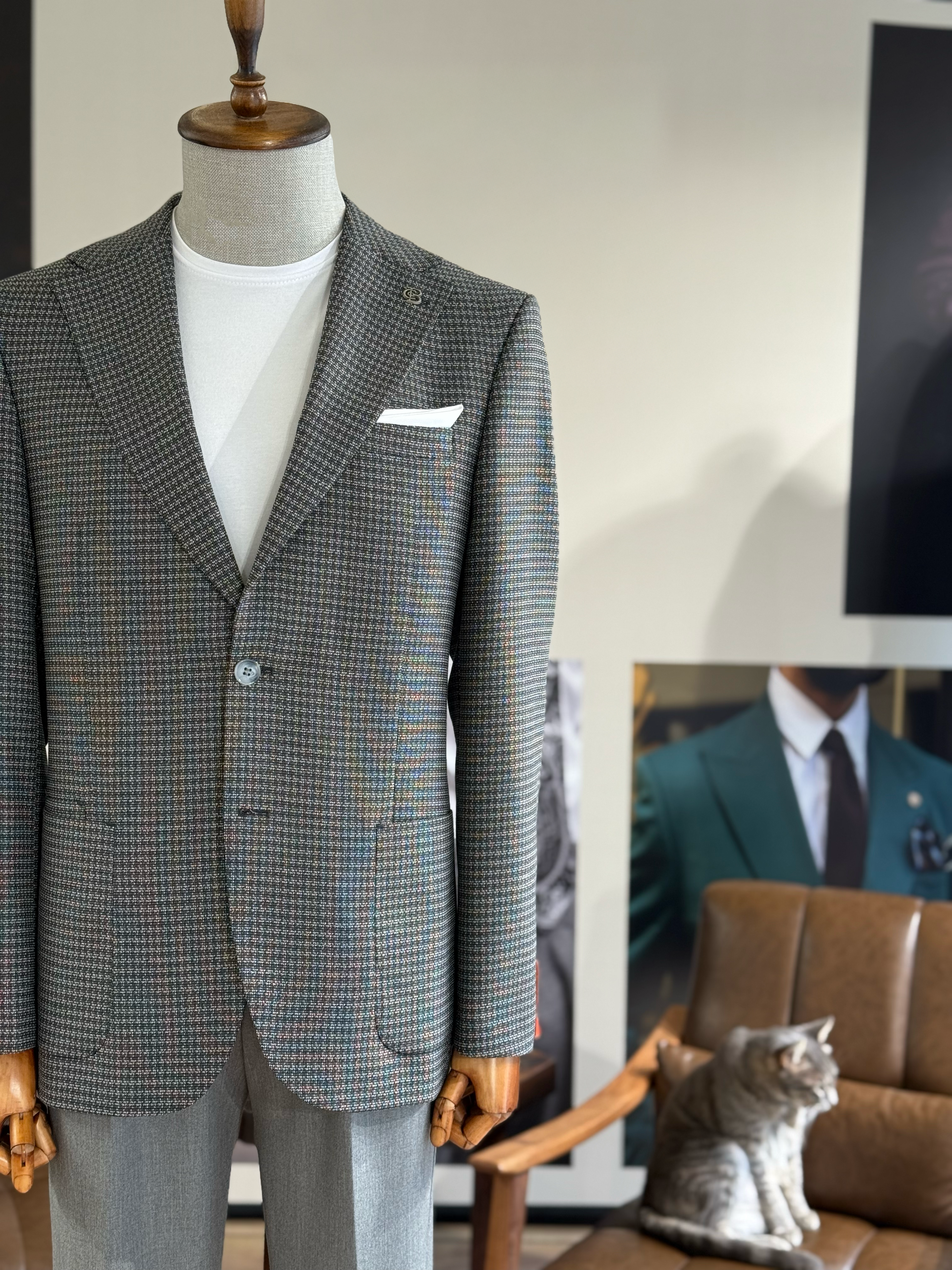 Grey Houndstooth Single Breasted Blazer