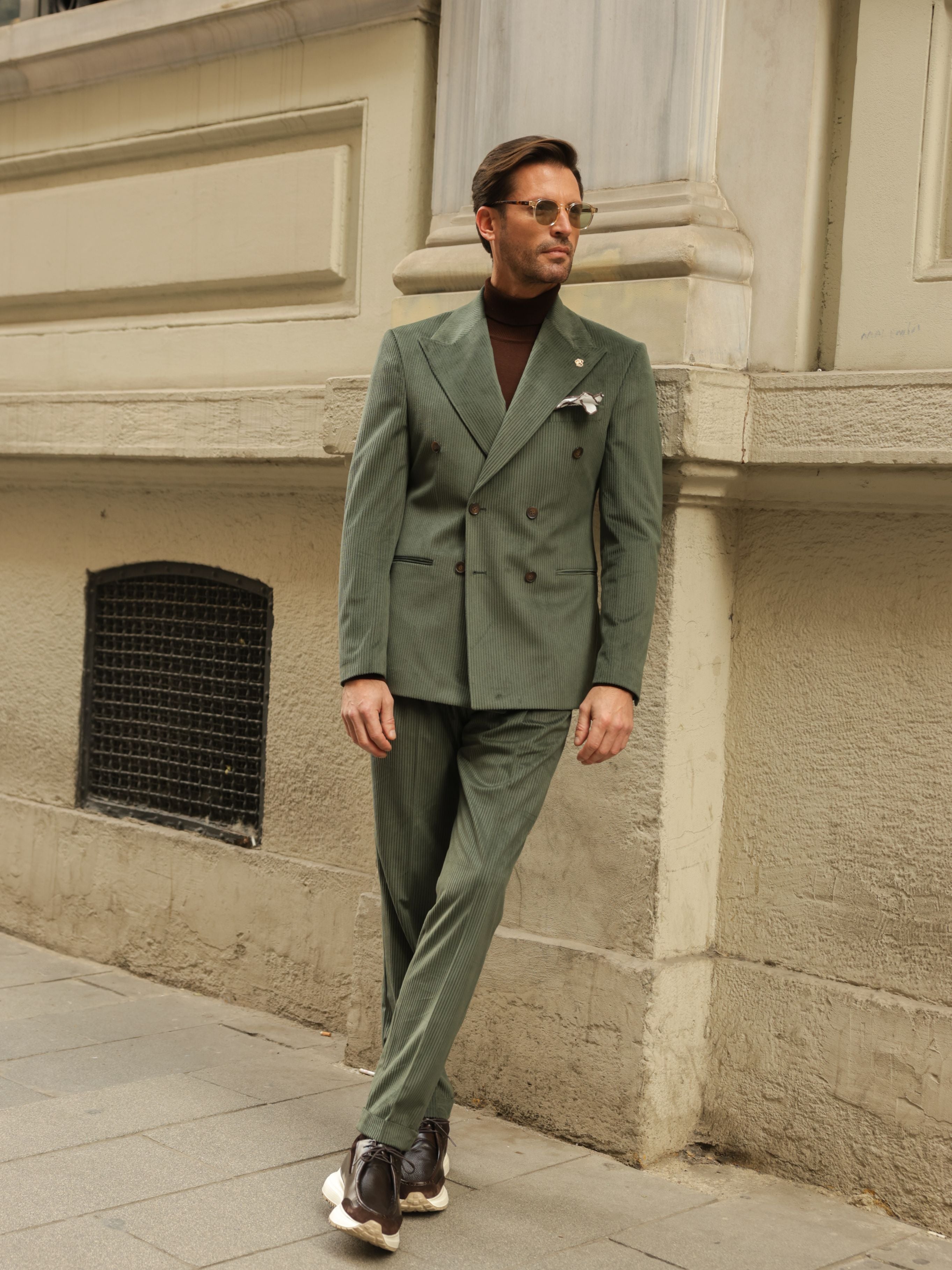 Khaki Velvet Double Breasted Suit 2-Piece