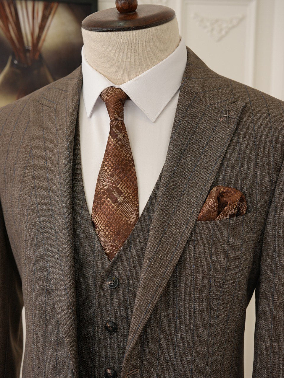 Brown Striped Slim-Fit Suit 3-Piece