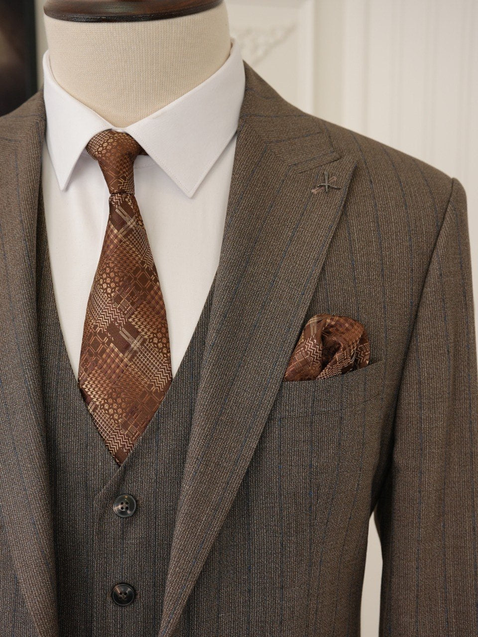 Brown Striped Slim-Fit Suit 3-Piece