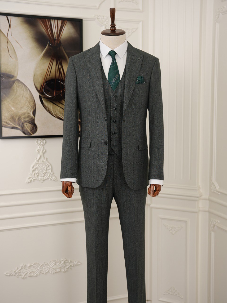 Green Striped Slim-Fit Suit 3-Piece